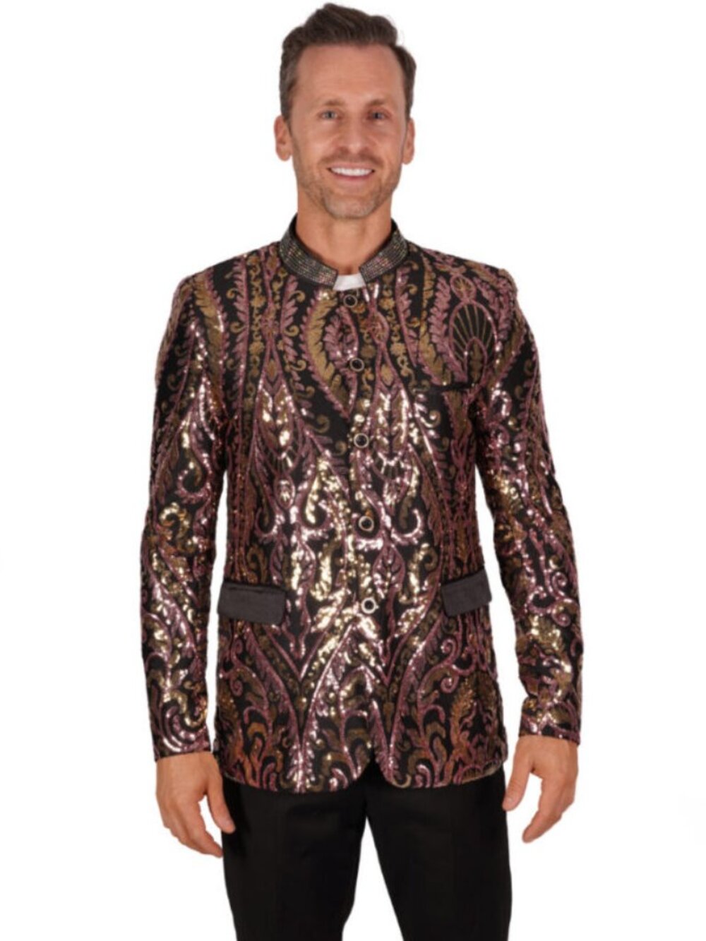 Mandarin Collar Sequin Blazer-Pink/Gold